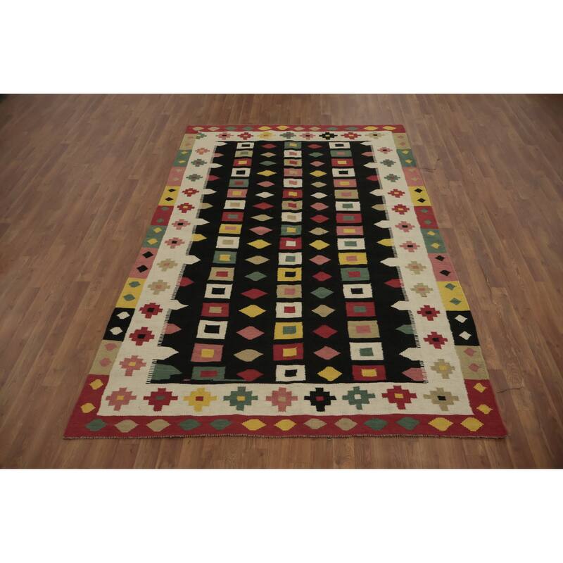 Hand Woven Oriental 100% Wool Carpet Southwestern Tribal Black Kilim Area Rug - 8' 8'' X 5' 8''
