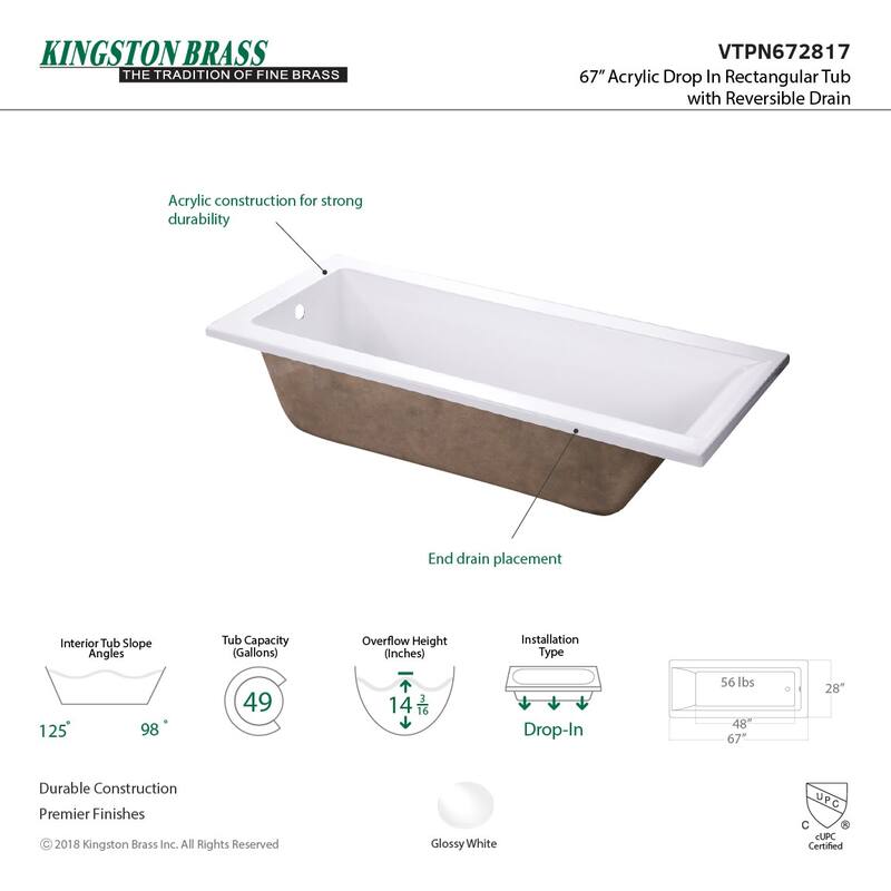 Kingston Brass Aqua Eden 67" Drop In Acrylic Soaking Tub with
