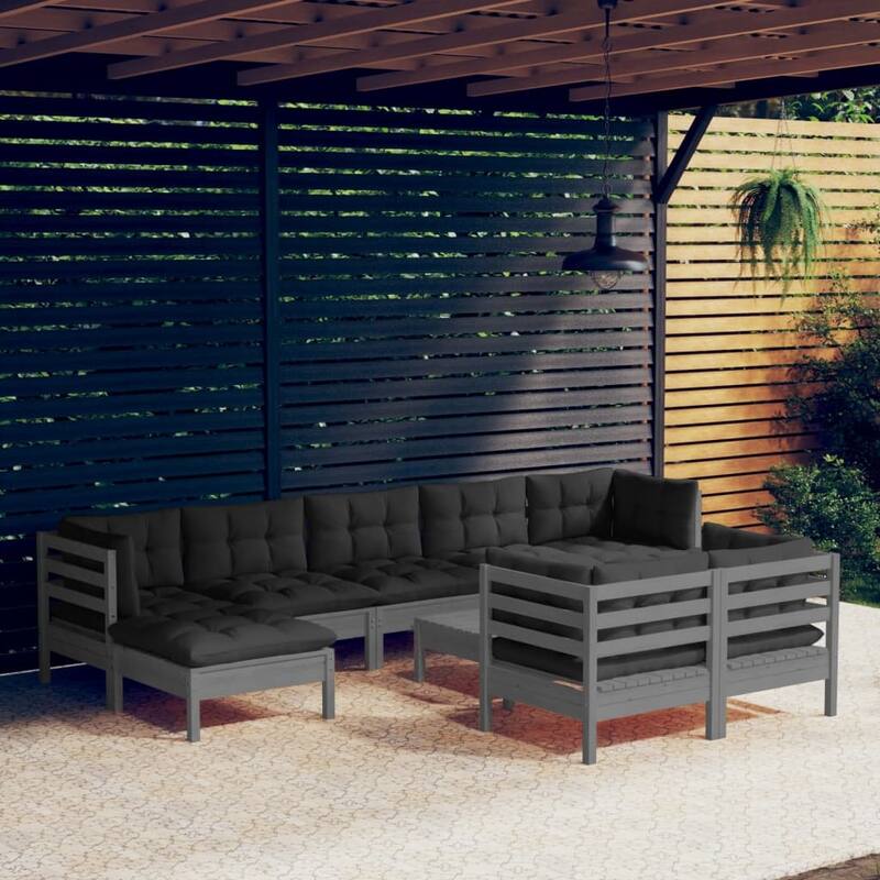 vidaXL Solid Pinewood Patio Lounge Set 10 Piece with Cushions Multi Colors - Grey