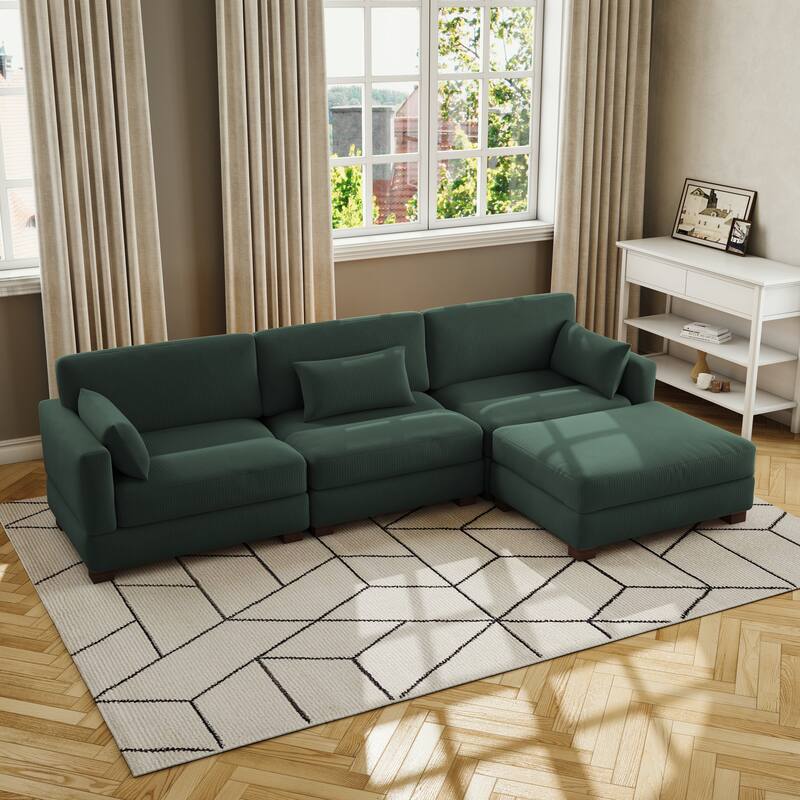 Corduroy Modular Sectional Sofa with Ottoman and Pillows