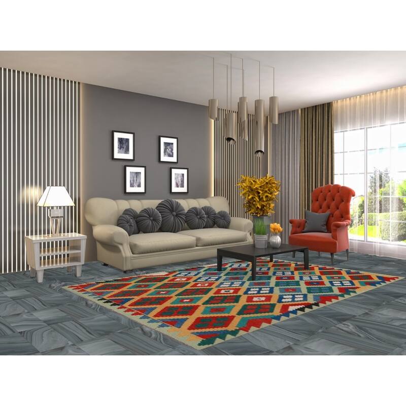 Hand Woven Oriental 100% Wool Carpet Southwestern Geometric Multi-Colored Kilim Area Rug - 8' 4'' X 5' 8''