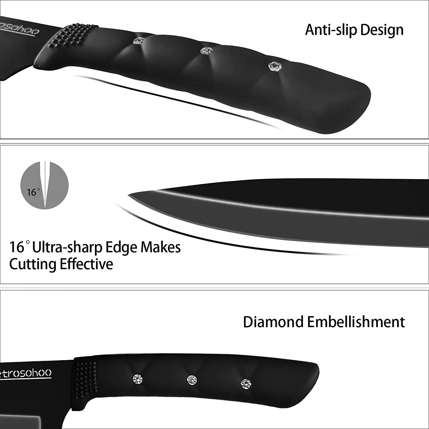 Kitchen Knife Set, 6-Pieces Black Knife Block Set with Cracked Handle and  Acrylic Stand Acrylic for Kitchen, Cooking Knife Set with Ripple Blade  Great for Slicing Dicing Cutting (Black)