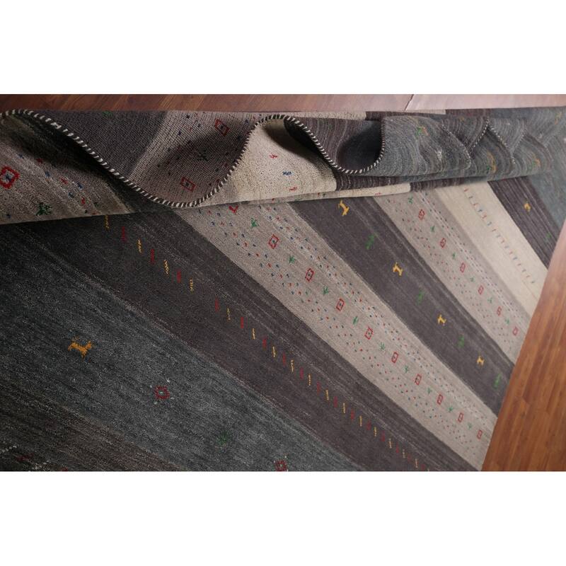 Tribal Striped Gabbeh Oriental Square Area Rug Handmade Wool Carpet - 8'6"x 9'4"