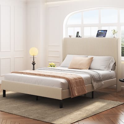 Queen Size Wood Platform Bed with Charging Station (2 USB Ports), Noise-Free Design, and No Box Spring Needed