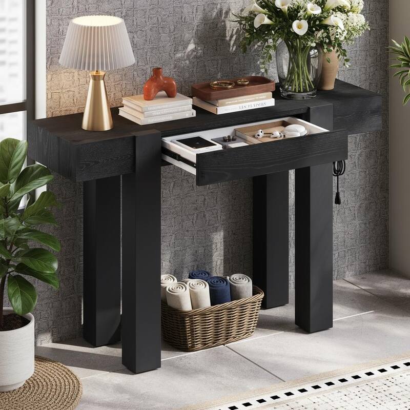 Rustic Minimalist Console Table with Hidden Drawer and Power Hub by Harper&Bright Designs - Black