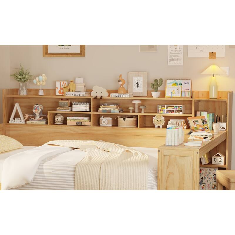Full Size Antique Wood Daybed with Study Desk & Storage (550lb Capacity)