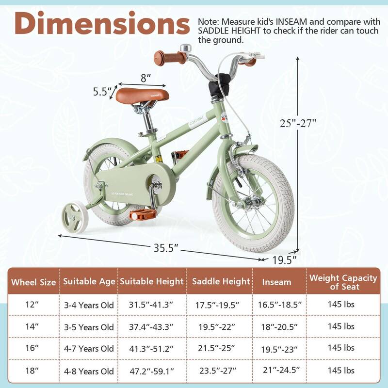 Costway 12" Kids Bike with Adjustable Saddle Handlebar Removable - See Details