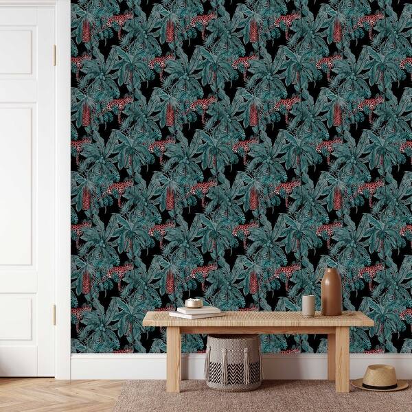 Black Wallpaper with Palms Peel and Stick and Prepasted Bed Bath