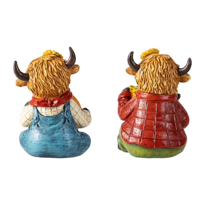 Glitzhome 2-Piece 4.25" H Thanksgiving Handcrafted Highland Cow Figurines Resin Table Decor - 36"H