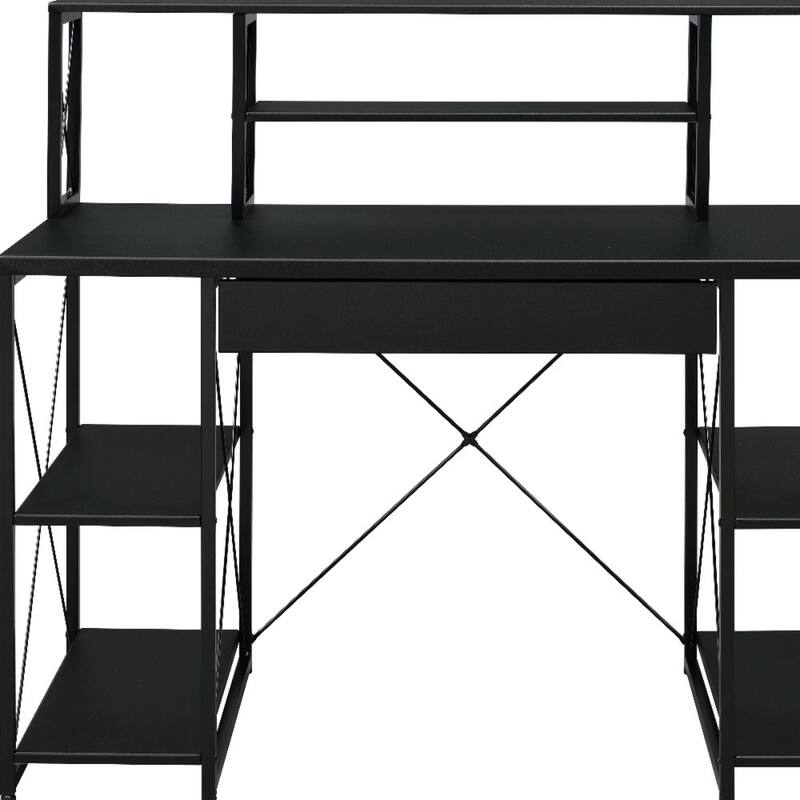 Wood Computer Desk with Black Metal Base, Drawer and 6 Shelves