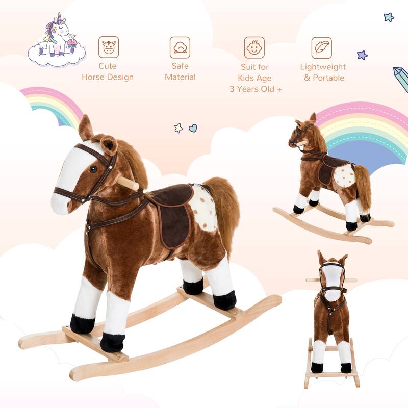 Kids Plush Rocking Horse with Authentic Neigh Sounds, Saddle, and Stirrup for 3-8 Years Old - Comfortable Velvet Fabric