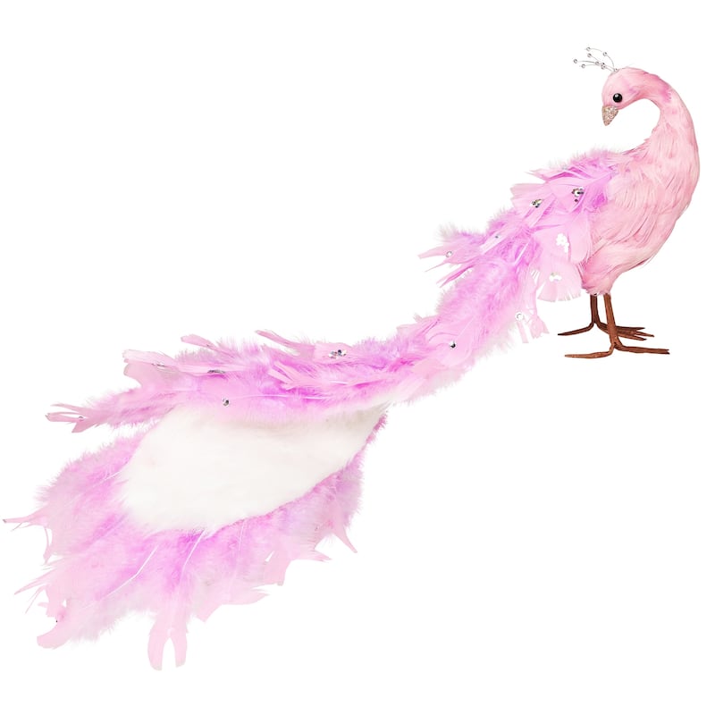Glittered and Jeweled Peacock Christmas Decoration with Mini Faux Pearls - 22" - Pink