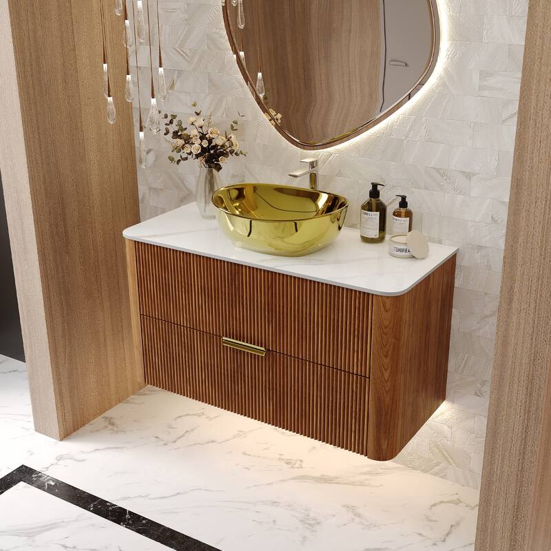 36" Luxury Floating Bathroom Vanities with Gold Single Sink, Brown Wood Cabinets with 2 Drawers