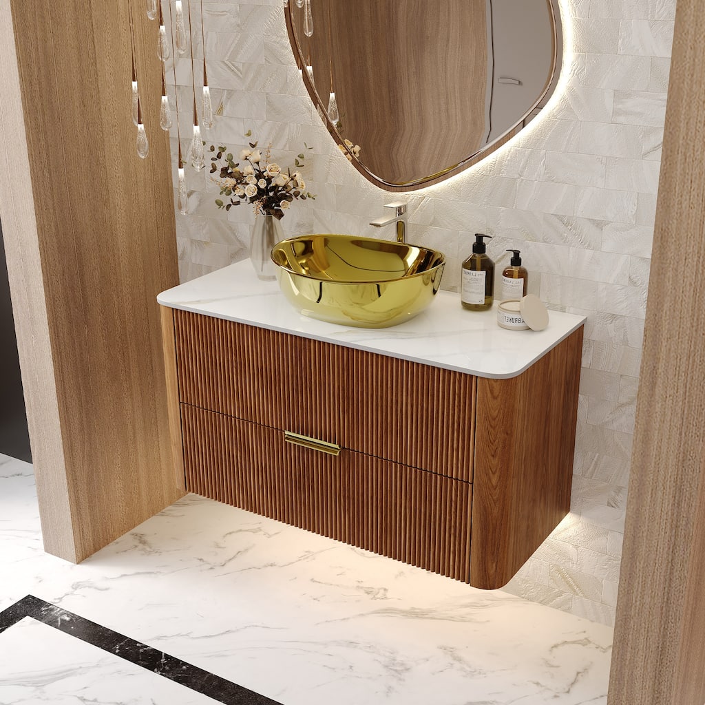 36" Luxury Floating Bathroom Vanities with Gold Single Sink, Brown Wood Cabinets with 2 Drawers