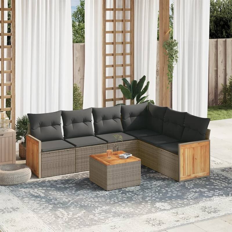vidaXL Patio Sofa Set with Cushions Outdoor Conversation Furniture Poly Rattan - Grey-With table - 21.7 x 21.7 x 14.6