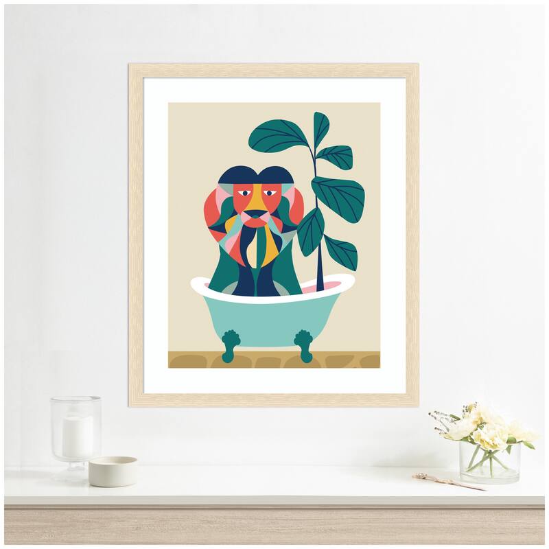Kate and Laurel Framed Art Mid Century Modern Lion in Bathtub by Rachel Lee