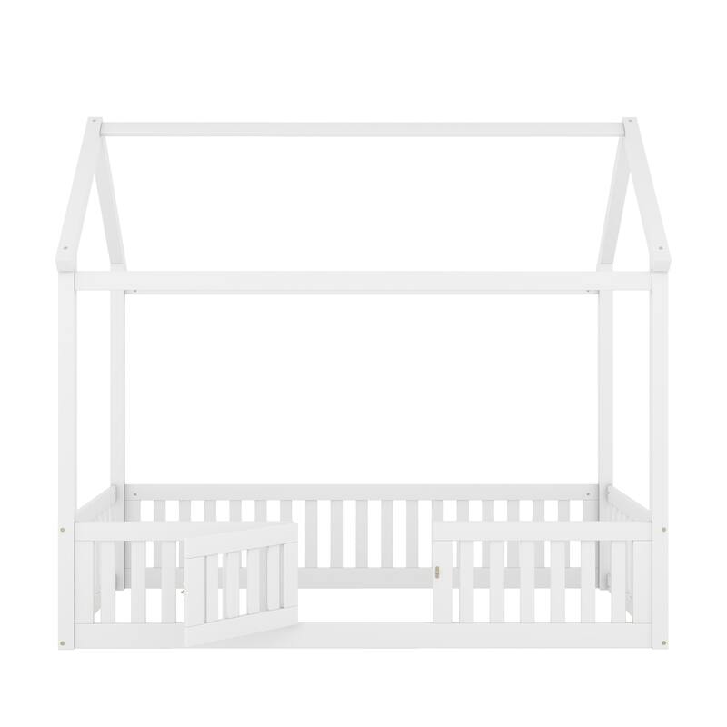 Twin Size House-Shaped Floor Bed Frame, Distressed Washed Wood Bed Frame with Fence and Door, Semi-Enclosed Design