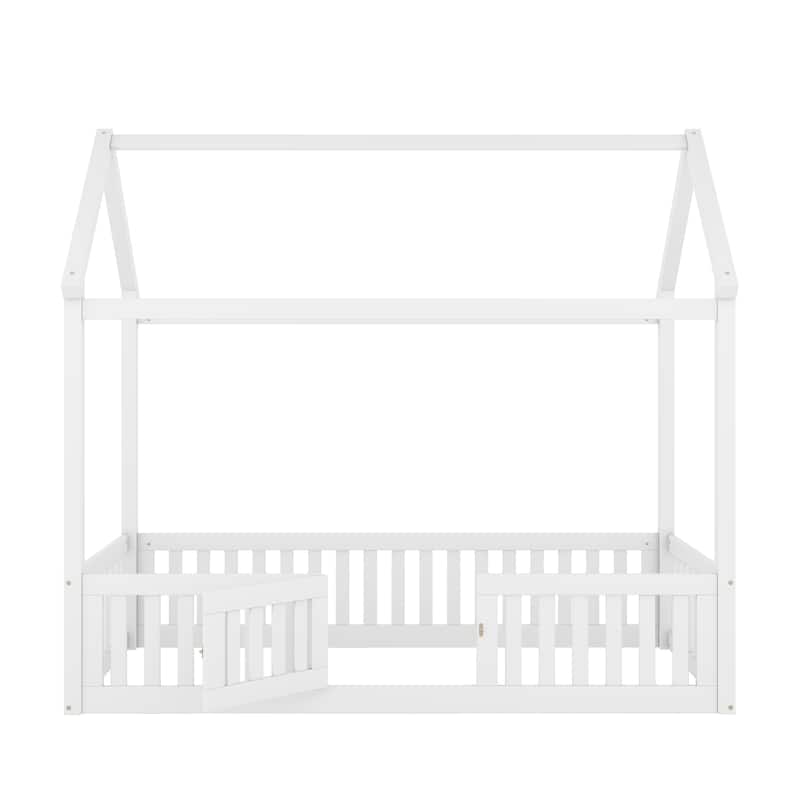 White Twin Pine Wood House Floor Bed with Door, Fence & Roof