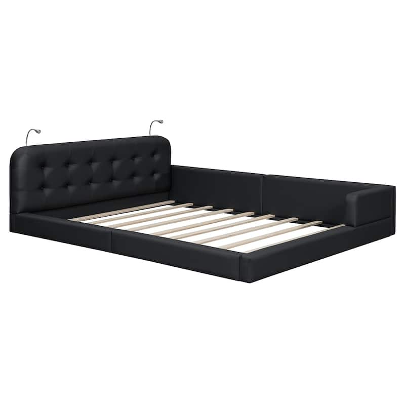 Queen Size Upholstered Platform Bed with 2 Reading Lights