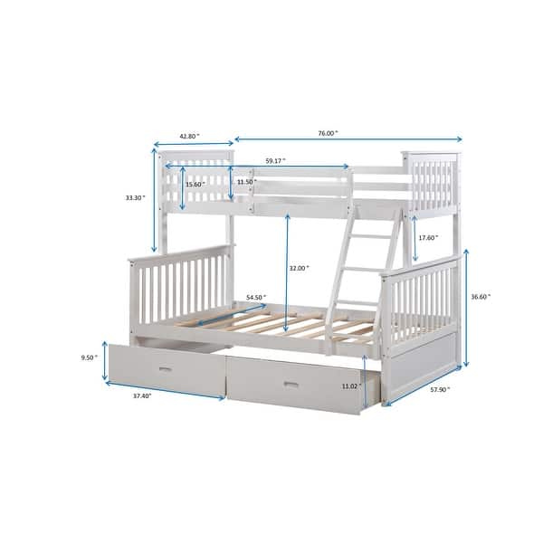 dimension image slide 0 of 2, Twin over Full Solid Wood Stairway Bunk Bed with Ladder and Fence