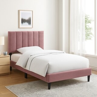 Lilian Twin Bed, Tufted Pink Linen Upholstery, Biscuit Tufted Stitch