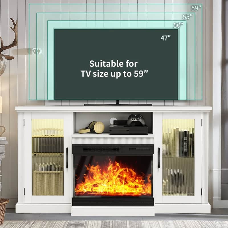 59" Glass Door TV Stand for TVs up to 65" with 24" Electric Fireplace