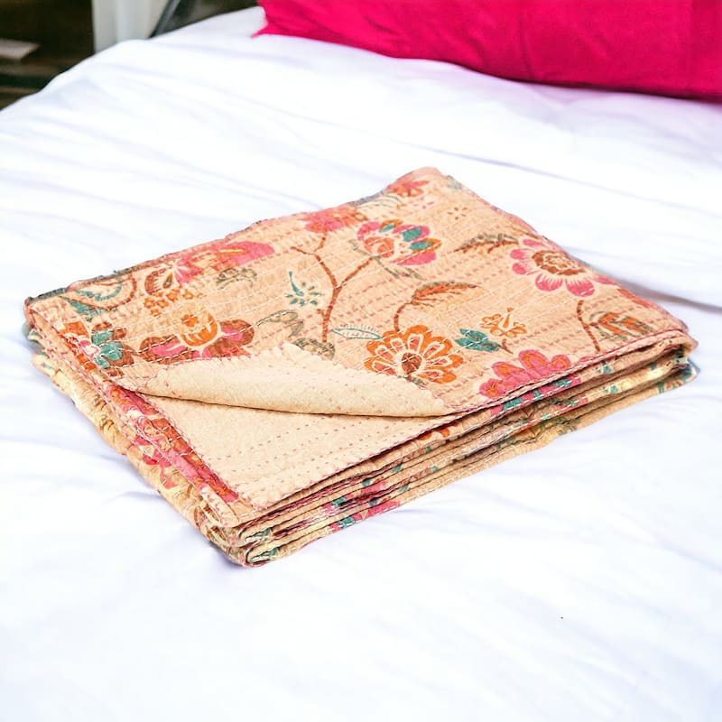 HomeRoots 70" X 50" Beige Pink Orange and Green Kantha Cotton Floral Throw Blanket with Embroidery - Throw