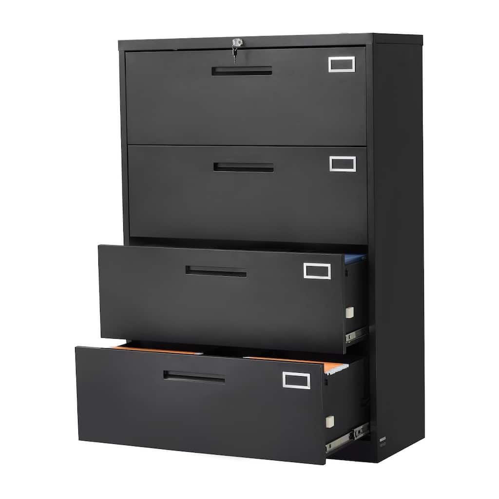 Black Cold Rolled Steel 4-Drawer File Cabinet with Lock, Adjustable Rods and Anti-Tip