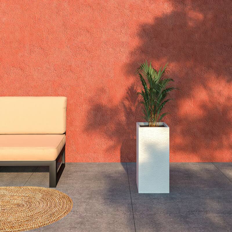 Basalt Modern Tall Square MGO Fiberstone Planter Pot Weather-Resistant Design for Indoor Outdoor Patio with Drainage - 24 Inch - White