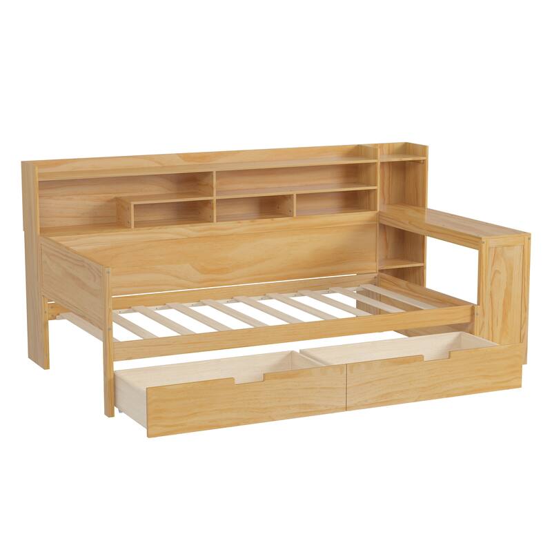 Twin Size Wooden Daybed Platform Bed with Recessed Desk Storage Shelves and 2 Drawers Under Bed for Compact Spaces, Bedroom