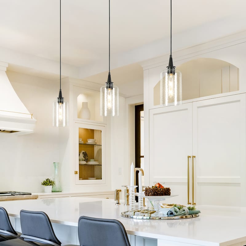 Modern Farmhouse 1-Light Black Pendant Hammered Glass Island Lights for Dining Room