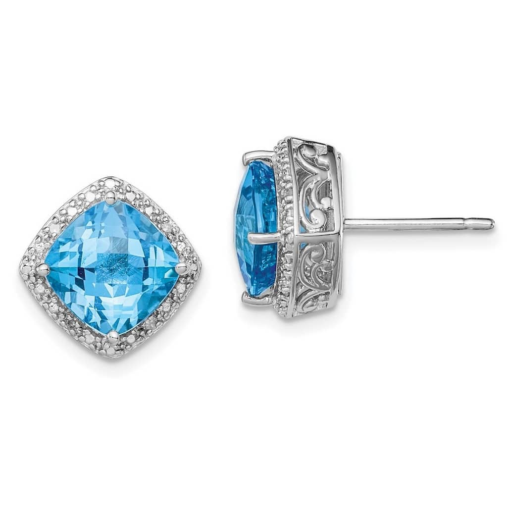 Curata 925 Sterling Silver 13mm Cushion-cut Blue Topaz and Diamond Earrings