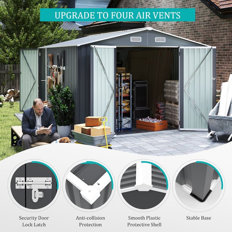 Campcraft Grey Outdoor Metal Storage Shed (9×11 FT) – Utility Tool Shed Equipped With 3 Lockable Doors And 4 Vents. - 9×11 FT