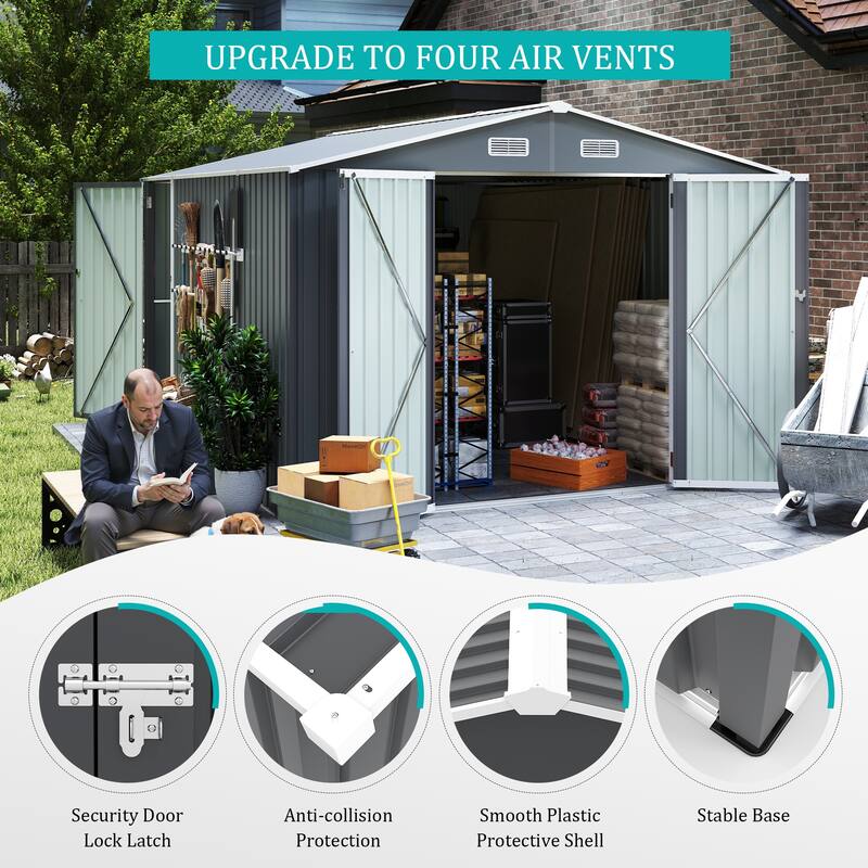Outdoor Storage Shed 9×11 FT with 3 Lockable Doors,Utility Tool Shed Metal Storage Garden Sheds 4 Vents,Metal Sheds