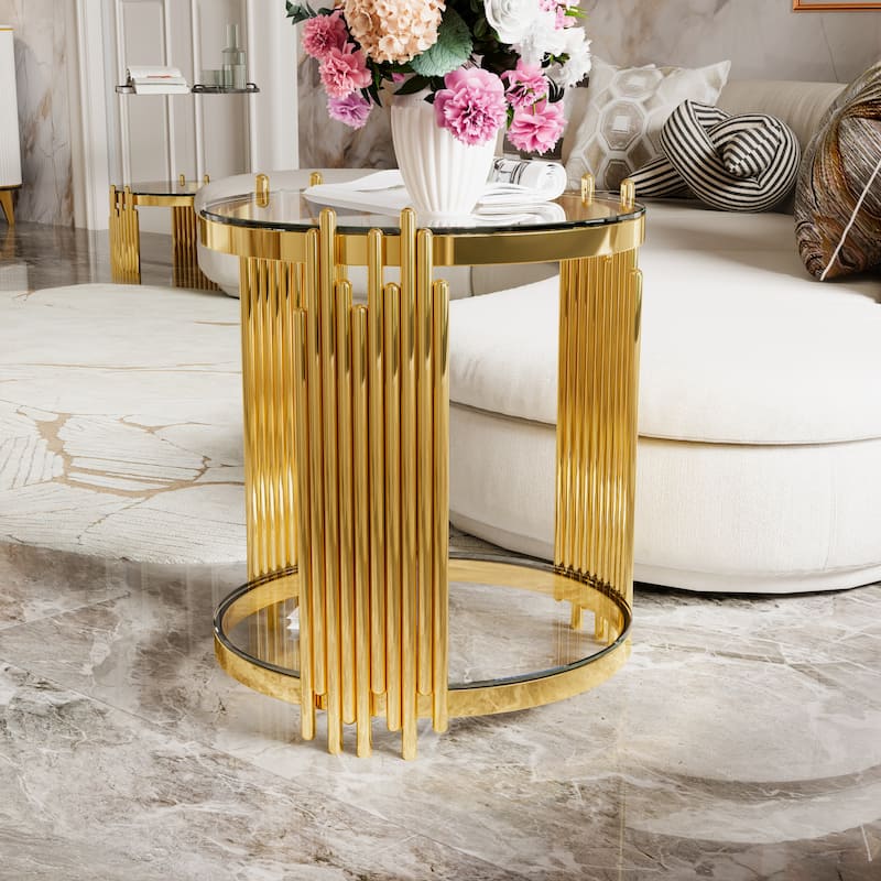 19.8" Modern Transparent Glass End Table for Living Room, Round, Asymmetrical Metal, Gold Finish & Lower Shelf