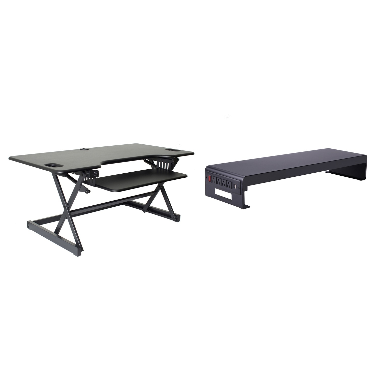 Rocelco 46 in. W Black Height Adjustable Standing Desk Converter with Double Monitor Mount Stand and Deep Keyboard Tray