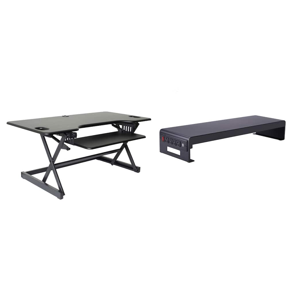 Rocelco 46 in. W Black Height Adjustable Standing Desk Converter with Double Monitor Mount Stand and Deep Keyboard Tray
