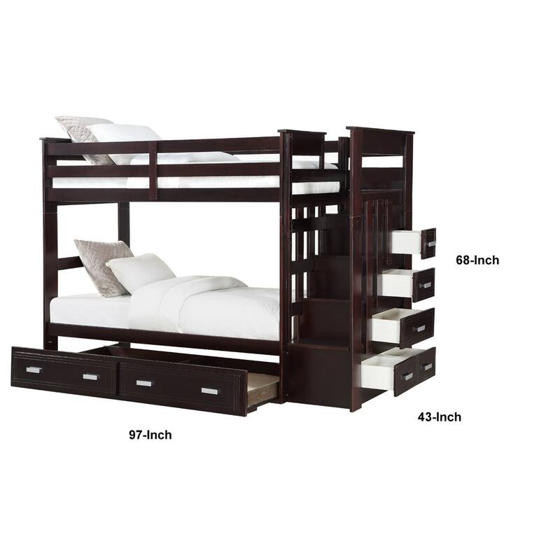 Classic Wood Twin Bunk Bed with Trundle, Storage Ladder, 5 Drawers, Brown