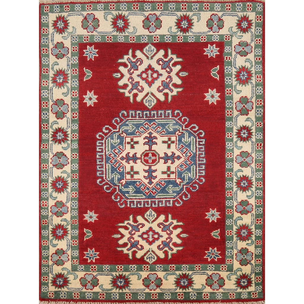 Red Kazak Foyer Rug Geometric Hand-Knotted Wool Carpet - 2'9"x 4'3"