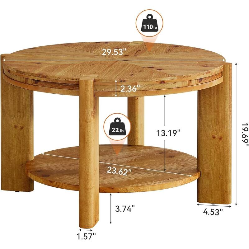 31.5" Round Solid Wood Coffee Table with Storage Shelf for Living Room