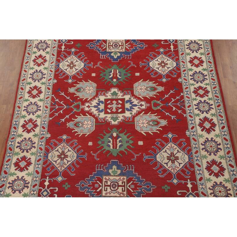 Red Geometric Kazak Area Rug Hand-Knotted Wool Carpet - 6'9" x 9'8"