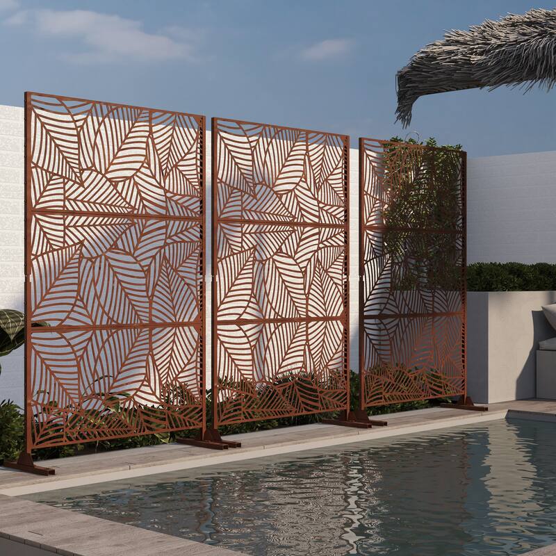 75'' x 47'' Privacy Metal Screen Fence Panel Leaf Blade Pattern - 001-Blade - Reddish Brown