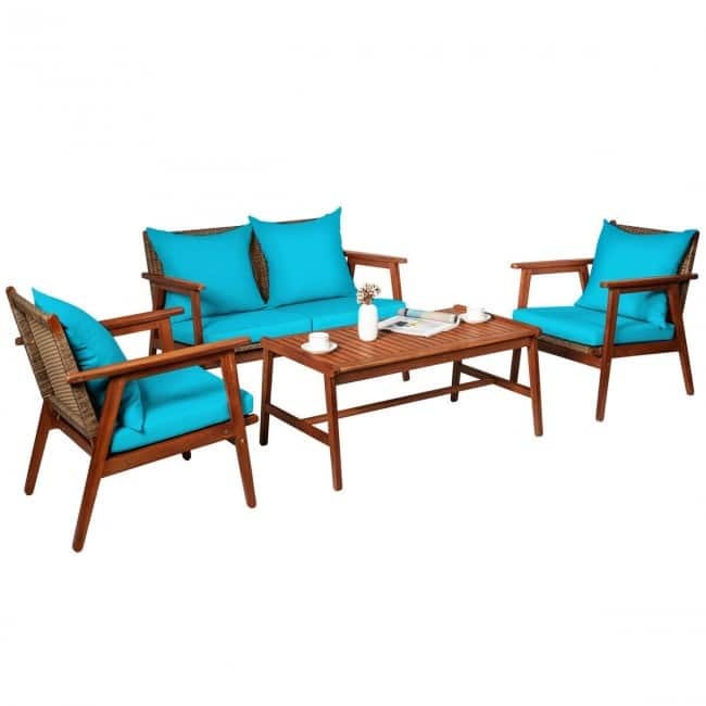 4 Piece Acacia Wood Patio Rattan Furniture Set with Cushions - 45" x 27.5"x 29.5" (L x W x H)