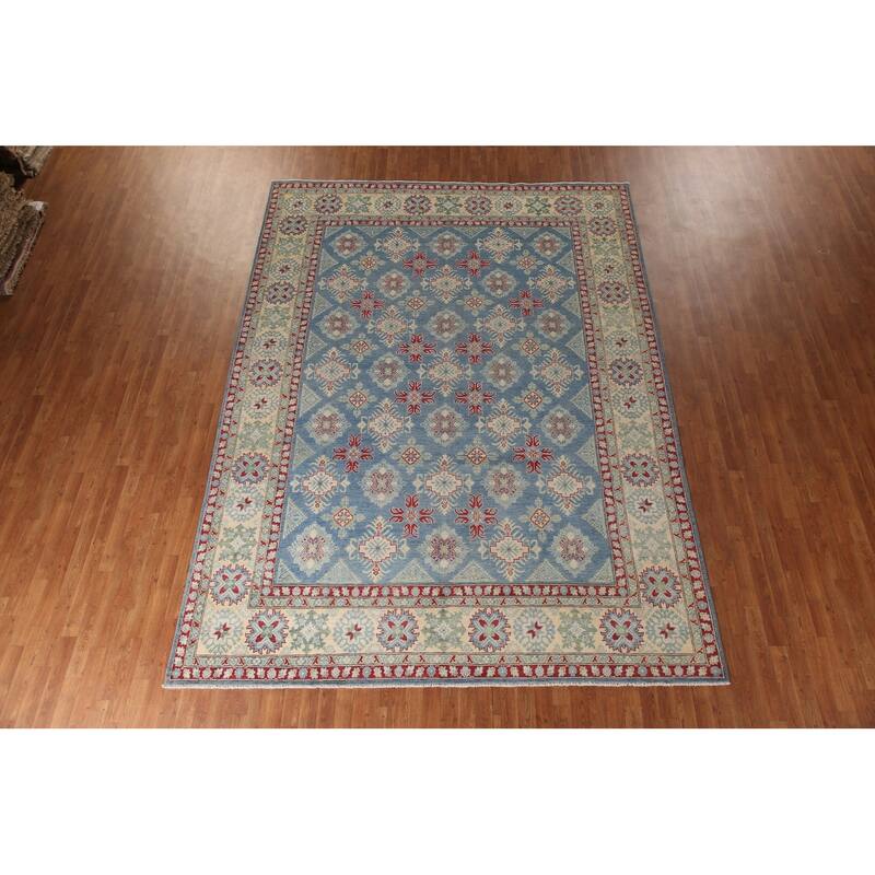 Blue Geometric Kazak Oriental Area Rug Handmade Wool Carpet - 9'2" x 12'4"