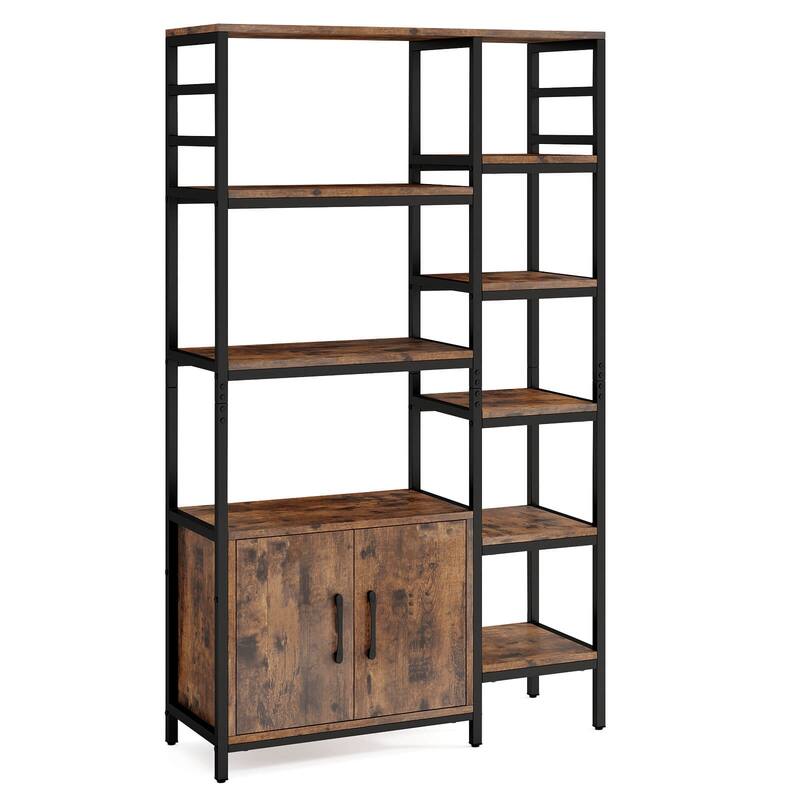 8-Tier Bookshelf 55.5" Tall Open Bookshelf w/ 2-Door Cabinet - Rustic Brown & Black