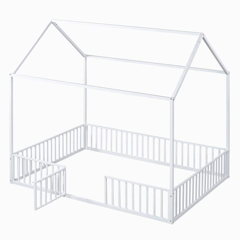 Full Size Metal House Bed with Fence and Door