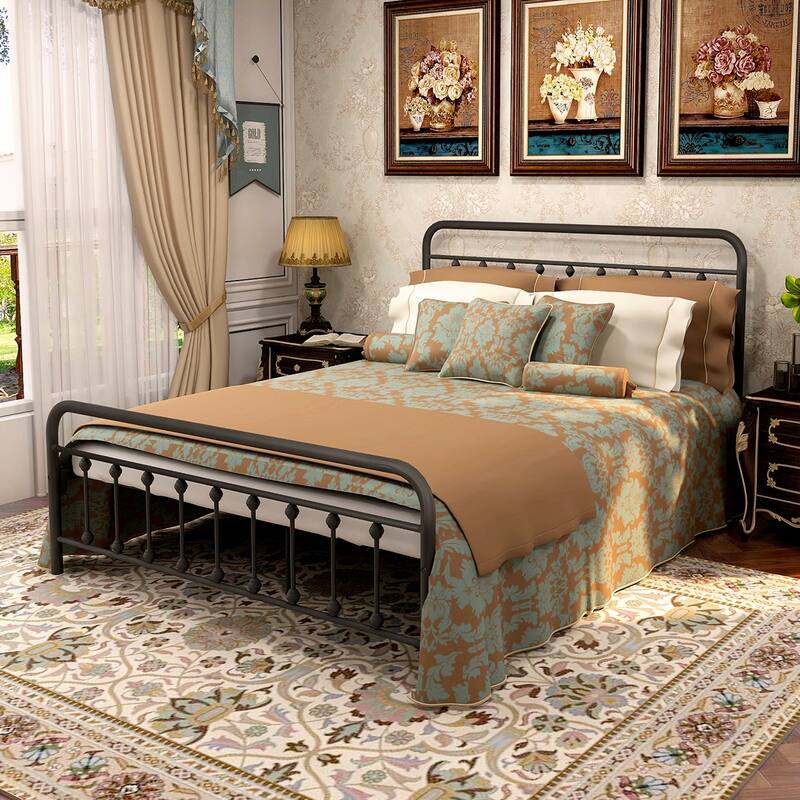 Vintage Victorian Style Metal Platform Bed Frame - Black - Queen