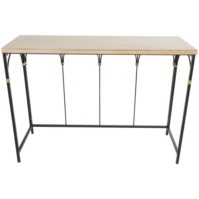 Wooden Arched Console Table with Wood Zig Zag Patterned Top and Rattan Accents - Black - Roche River Decor