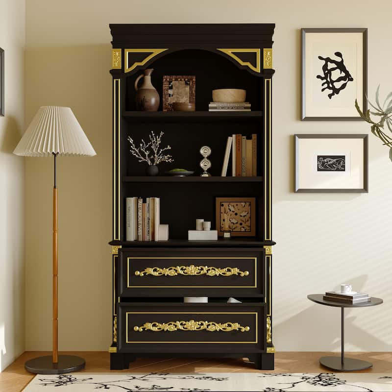 Black & Gold Display Cabinet with Shelves and Drawers, Elegant Glossy Bookcase for Living Room Storage