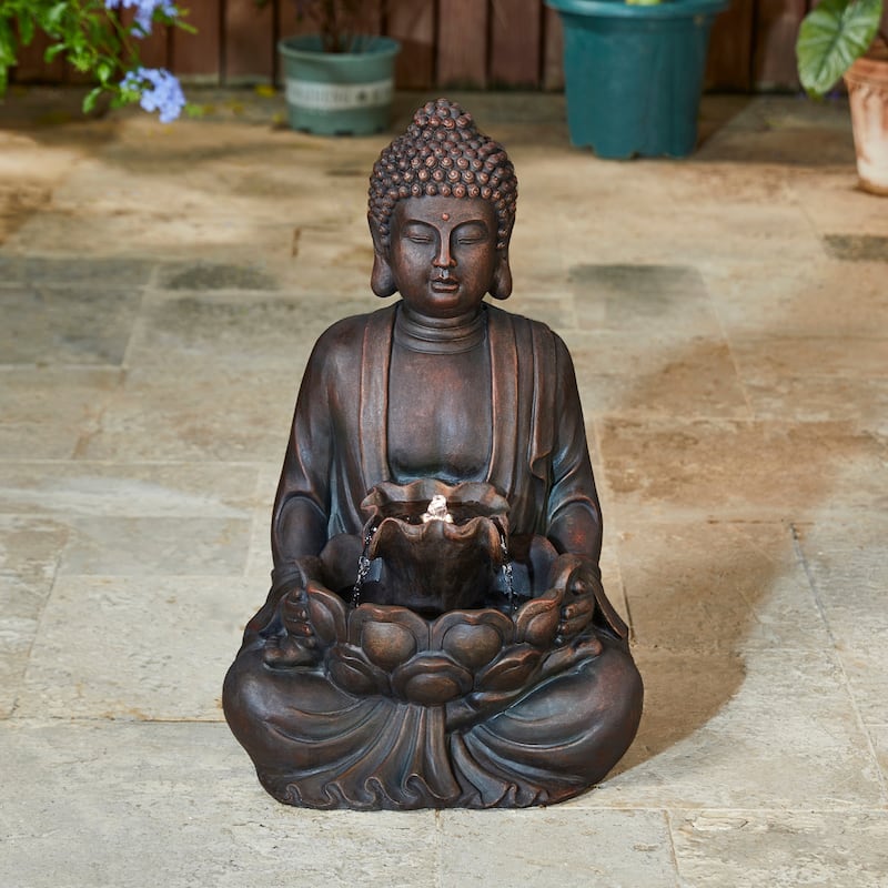 Glitzhome Meditating Buddha Patio Floor Fountain with Lotus and LED